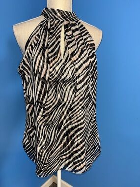 White House Black Market Zebra Print Halter Blouse Metallic Gold Accents, Size 8